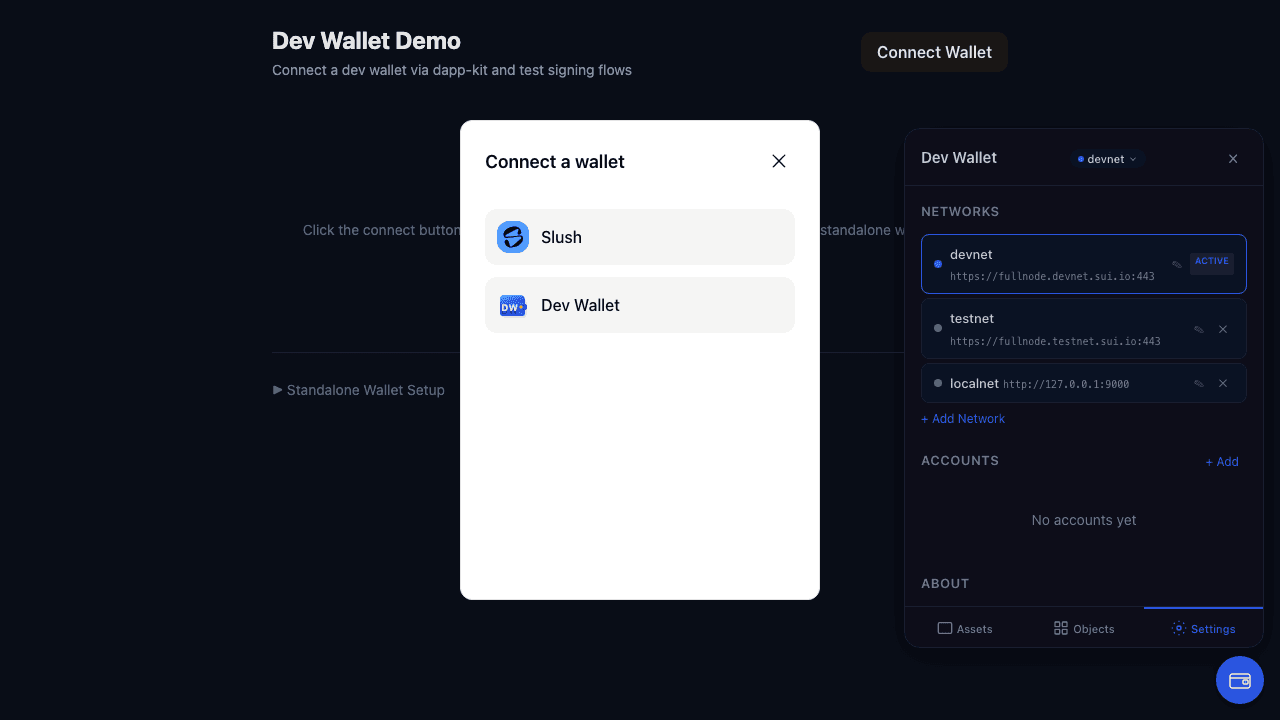 Connect dialog showing wallet picker with Dev Wallet option