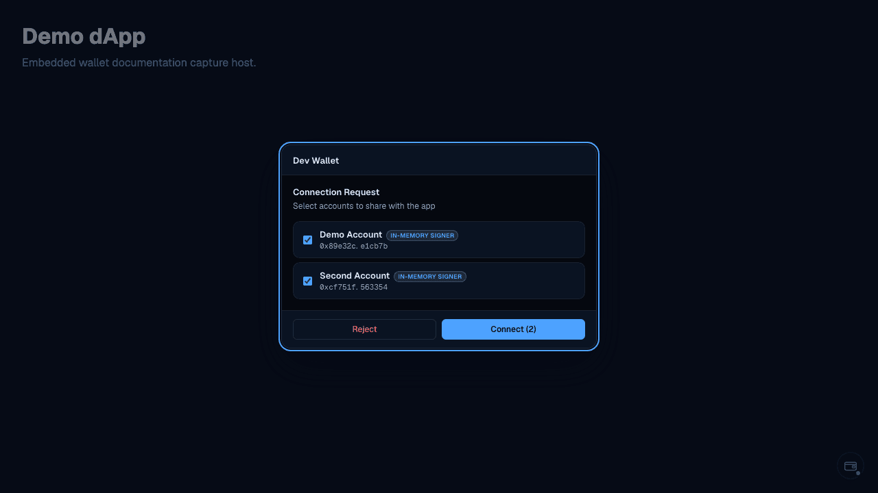 Connect dialog showing wallet picker with Dev Wallet option
