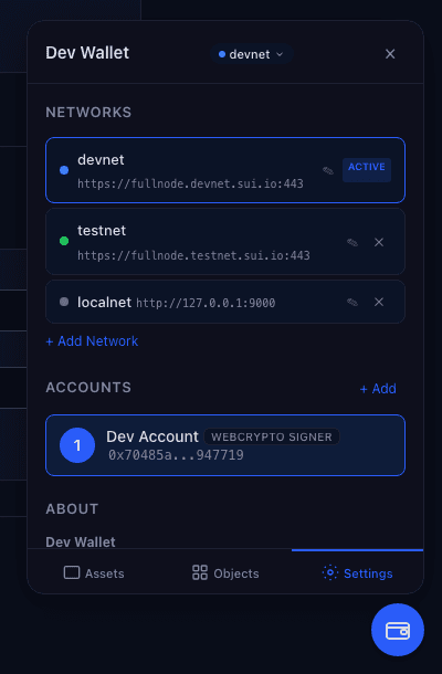 Settings tab showing networks and accounts