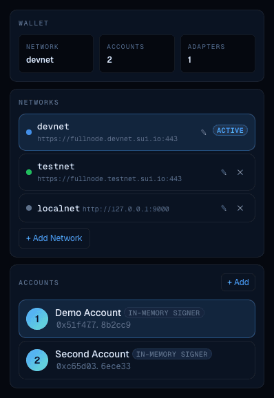 Settings tab showing networks and accounts
