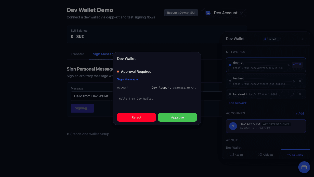 Signing modal with Approve and Reject buttons