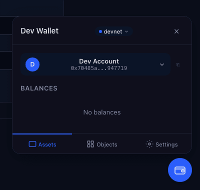 Dev Wallet panel showing account and balances